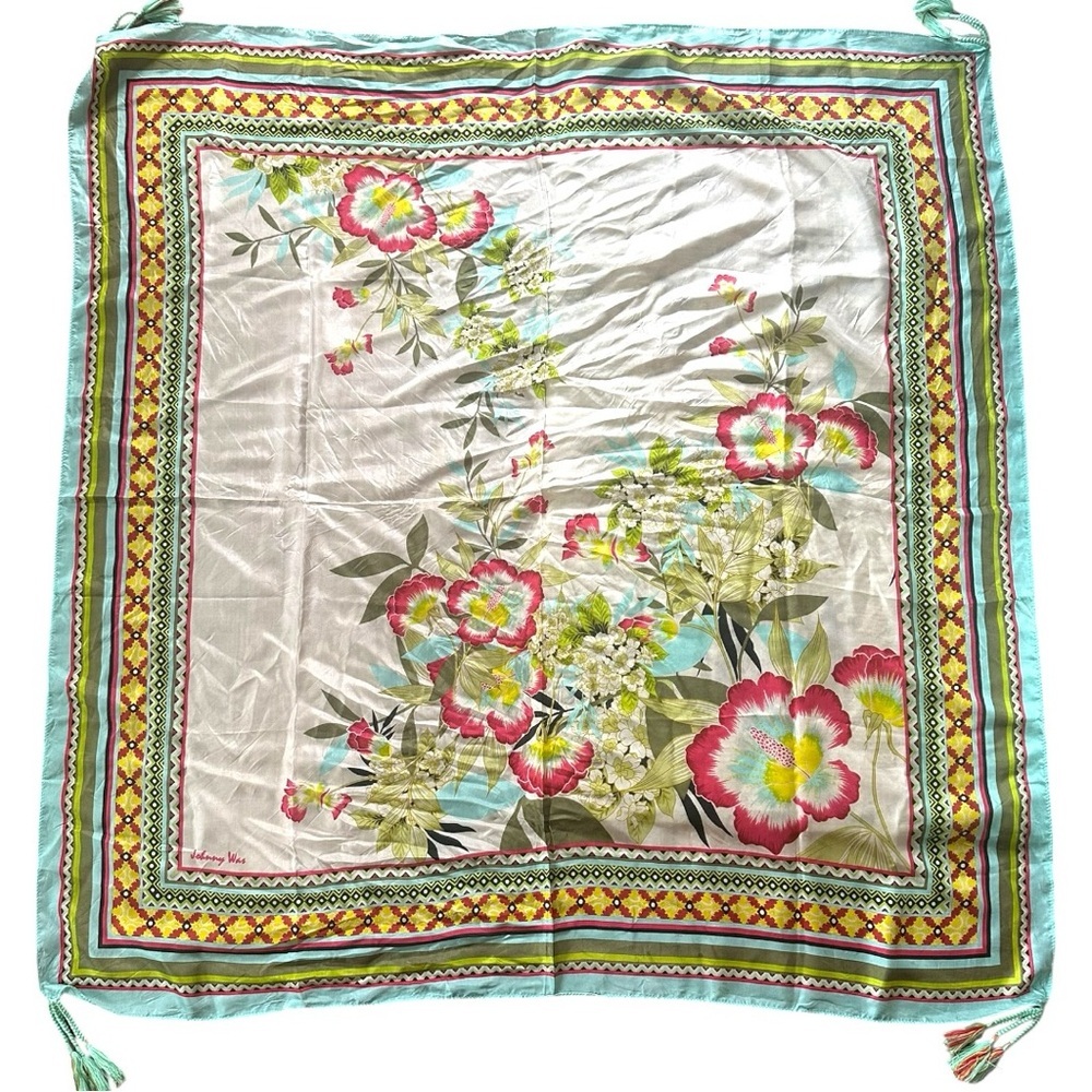 Johnny Was Aqua Multicolor Patterned Silk Scarf with Tassels - Picture 3 of 11